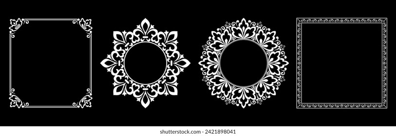 Set of decorative frames Elegant vector element for design in Eastern style, place for text. Floral black and white borders. Lace illustration for invitations and greeting cards.