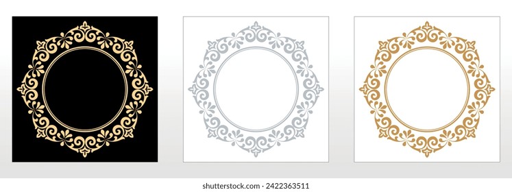 Set of decorative frames Elegant vector element for design in Eastern style, place for text. Floral black, golden and gray borders. Lace illustration for invitations and greeting cards