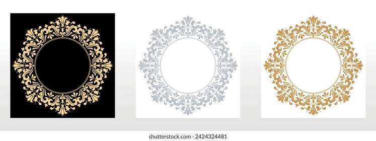 Set of decorative frames Elegant vector element for design in Eastern style, place for text. Floral black, gold and gray borders. Lace illustration for invitations and greeting cards