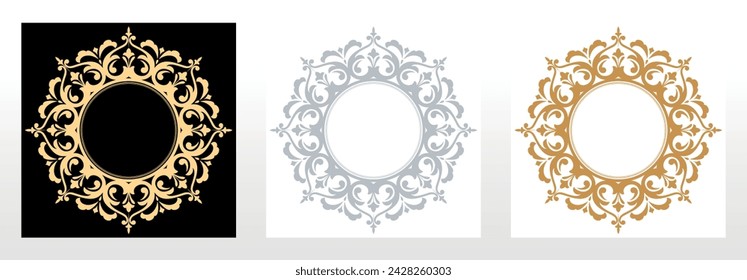 Set of decorative frames Elegant vector element for design in Eastern style, place for text. Floral black, gold and gray borders. Lace illustration for invitations and greeting cards