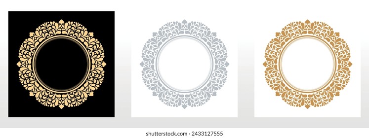 Set of decorative frames Elegant vector element for design in Eastern style, place for text. Floral black, gold and gray borders. Lace illustration for invitations and greeting cards