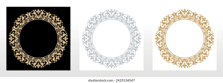 Set of decorative frames Elegant vector element for design in Eastern style, place for text. Floral black, gold and gray borders. Lace illustration for invitations and greeting cards