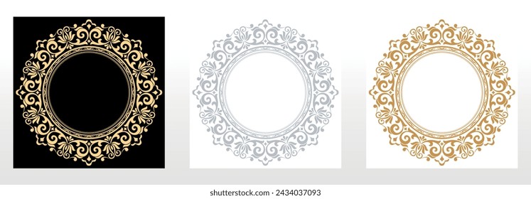 Set of decorative frames Elegant vector element for design in Eastern style, place for text. Floral black, gold and gray borders. Lace illustration for invitations and greeting cards