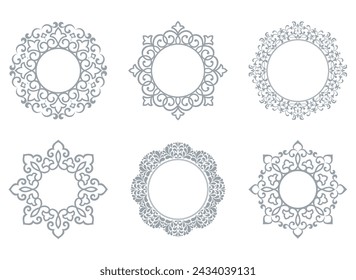 Set of decorative frames Elegant vector element for design in Eastern style, place for text. Floral gray and white borders. Lace illustration for invitations and greeting cards
