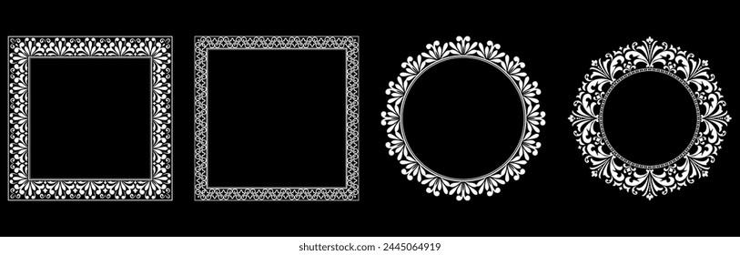 Set of decorative frames Elegant vector element for design in Eastern style, place for text. Floral black and white borders. Lace illustration for invitations and greeting cards.