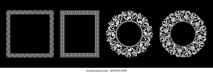 Conjunto de marcos decorativos Elegante elemento de Vector para diseño en estilo oriental, lugar para texto. Bordes florales en blanco y negro. Ilustración de encaje para invitaciones y tarjetas de felicitación.