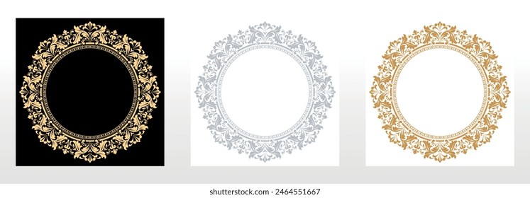 Set of decorative frames Elegant vector element for design in Eastern style, place for text. Floral black, golden and gray borders. Lace illustration for invitations and greeting cards