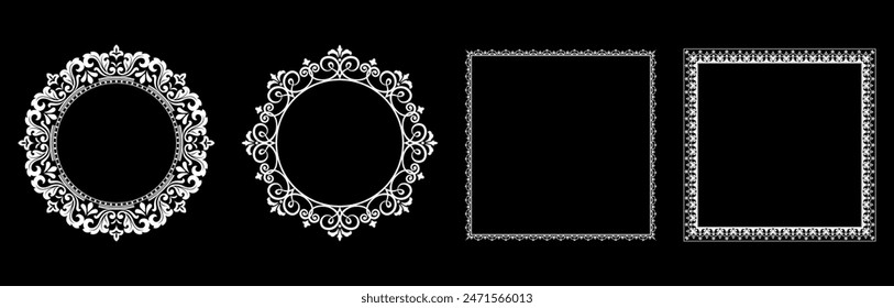 Conjunto de marcos decorativos Elegante elemento de Vector para diseño en estilo oriental, lugar para texto. Bordes florales en blanco y negro. Ilustración de encaje para invitaciones y tarjetas de felicitación.