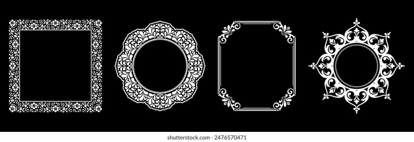 Set of decorative frames Elegant vector element for design in Eastern style, place for text. Floral black and white borders. Lace illustration for invitations and greeting cards.