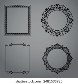 Set of decorative frames Elegant vector element for design in Eastern style, place for text. Floral black and gray borders. Lace illustration for invitations and greeting cards