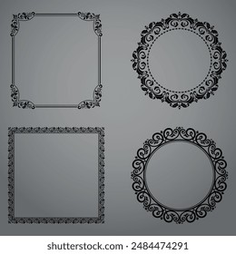 Set of decorative frames Elegant vector element for design in Eastern style, place for text. Floral black and gray borders. Lace illustration for invitations and greeting cards