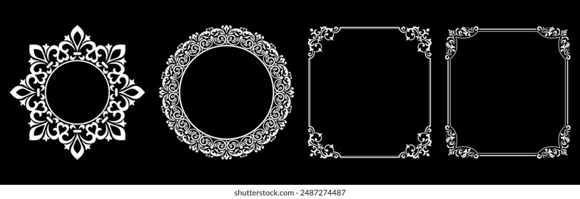 Set of decorative frames Elegant vector element for design in Eastern style, place for text. Floral black and white borders. Lace illustration for invitations and greeting cards.