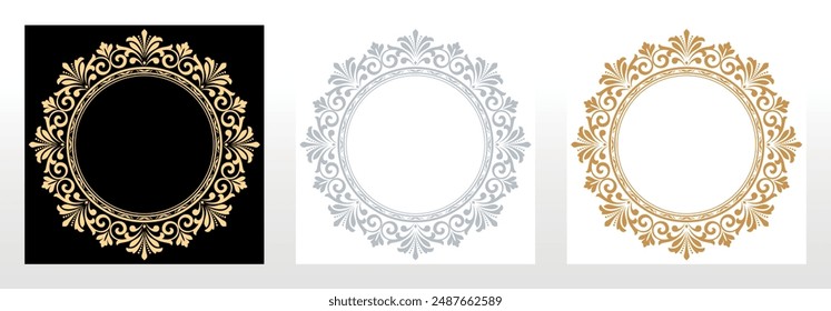 Set of decorative frames Elegant vector element for design in Eastern style, place for text. Floral black, golden and gray borders. Lace illustration for invitations and greeting cards