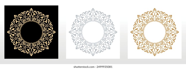 Set of decorative frames Elegant vector element for design in Eastern style, place for text. Floral black, golden and gray borders. Lace illustration for invitations and greeting cards