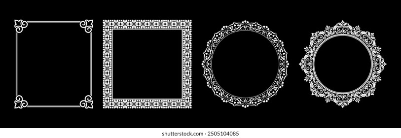 Set of decorative frames Elegant vector element for design in Eastern style, place for text. Floral black and white borders. Lace illustration for invitations and greeting cards.