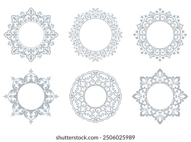 Set of decorative frames Elegant vector element for design in Eastern style, place for text. Floral gray and white borders. Lace illustration for invitations and greeting cards