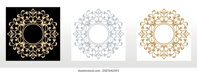Set of decorative frames Elegant vector element for design in Eastern style, place for text. Floral black , golden and gray borders. Lace illustration for invitations and greeting cards