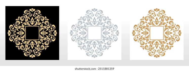 Set of decorative frames Elegant vector element for design in Eastern style, place for text. Floral black, golden and gray borders. Lace illustration for invitations and greeting cards