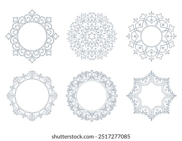 Set of decorative frames Elegant vector element for design in Eastern style, place for text. Floral gray and white borders. Lace illustration for invitations and greeting cards