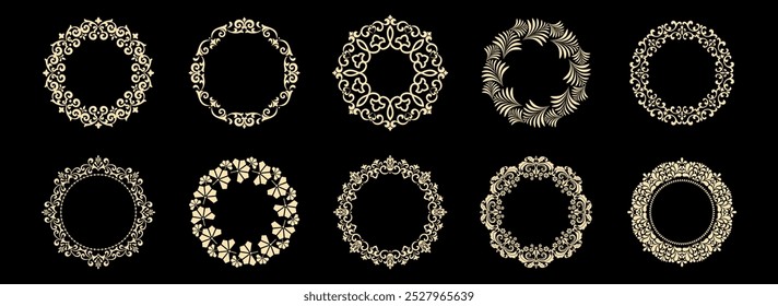 Set of decorative frames Elegant vector element for design in Eastern style, place for text. Floral black and golden borders. Lace illustration for invitations and greeting cards