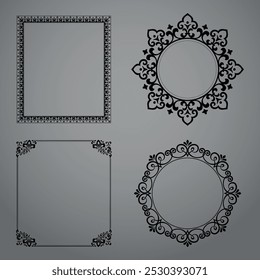 Set of decorative frames Elegant vector element for design in Eastern style, place for text. Floral black and gray borders. Lace illustration for invitations and greeting cards