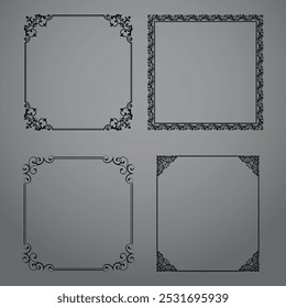 Conjunto de quadros decorativos Elemento vetor elegante para design em estilo oriental, lugar para texto. Bordas pretas e cinzentas florais. Ilustração de renda para convites e cartões de saudação