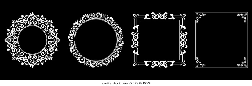 Conjunto de marcos decorativos Elemento de Vector elegante para el diseño en estilo oriental, lugar para el texto. Fronteras florales en blanco y negro. Ilustración de encaje para invitaciones y tarjetas de felicitación.