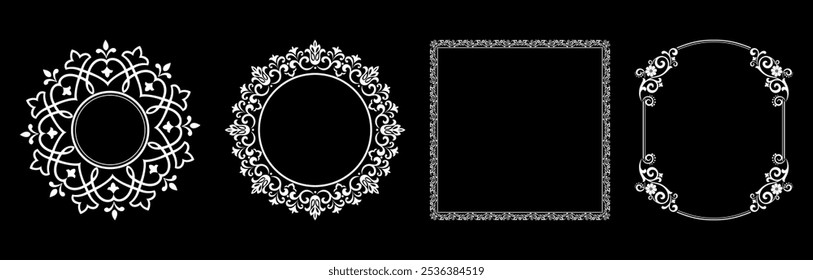 Set of decorative frames Elegant vector element for design in Eastern style, place for text. Floral black and white borders. Lace illustration for invitations and greeting cards.
