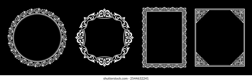 Set of decorative frames Elegant vector element for design in Eastern style, place for text. Floral black and white borders. Lace illustration for invitations and greeting cards.