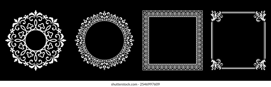 Set of decorative frames Elegant vector element for design in Eastern style, place for text. Floral black and white borders. Lace illustration for invitations and greeting cards.