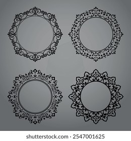 Set of decorative frames Elegant vector element for design in Eastern style, place for text. Floral black and gray borders. Lace illustration for invitations and greeting cards