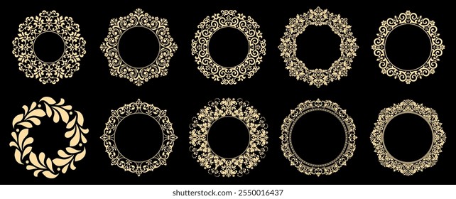 Set of decorative frames Elegant vector element for design in Eastern style, place for text. Floral black and golden borders. Lace illustration for invitations and greeting cards