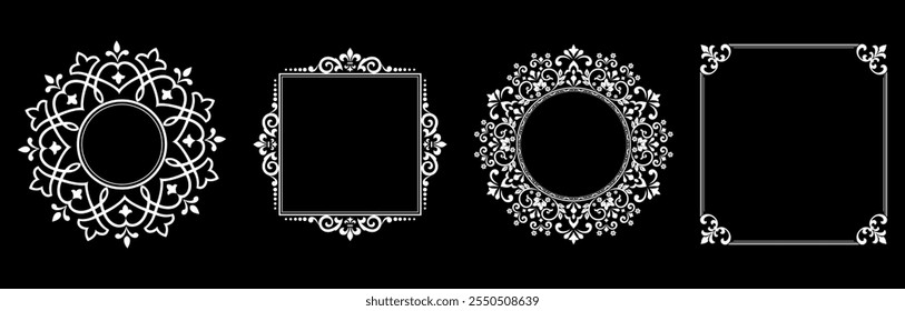 Set of decorative frames Elegant vector element for design in Eastern style, place for text. Floral black and white borders. Lace illustration for invitations and greeting cards.