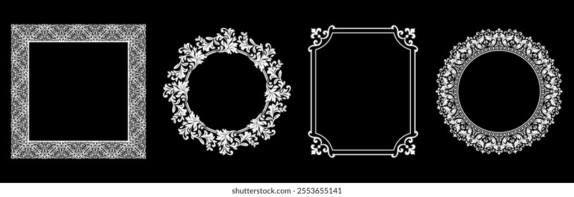 Set of decorative frames Elegant vector element for design in Eastern style, place for text. Floral black and white borders. Lace illustration for invitations and greeting cards.