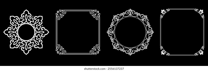 Set of decorative frames Elegant vector element for design in Eastern style, place for text. Floral black and white borders. Lace illustration for invitations and greeting cards.