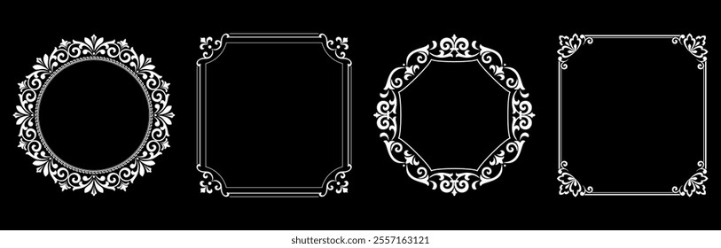 Set of decorative frames Elegant vector element for design in Eastern style, place for text. Floral black and white borders. Lace illustration for invitations and greeting cards.