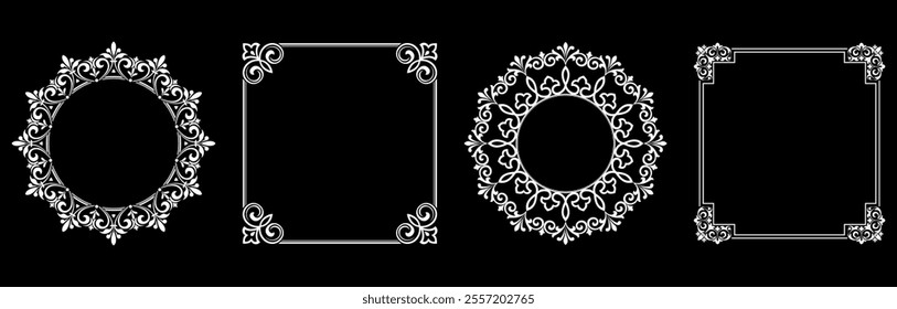 Set of decorative frames Elegant vector element for design in Eastern style, place for text. Floral black and white borders. Lace illustration for invitations and greeting cards.