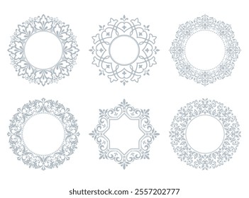 Set of decorative frames Elegant vector element for design in Eastern style, place for text. Floral gray and white borders. Lace illustration for invitations and greeting cards.