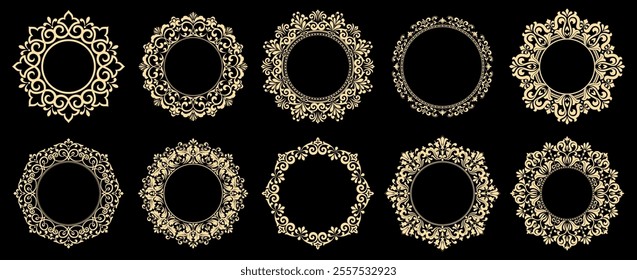 Set of decorative frames Elegant vector element for design in Eastern style, place for text. Floral black and golden borders. Lace illustration for invitations and greeting cards