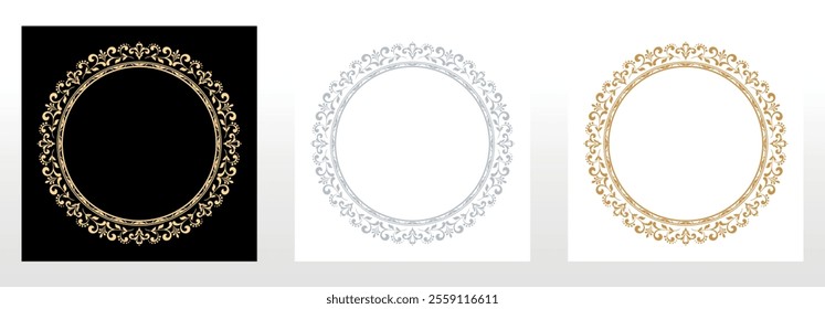 Set of decorative frames Elegant vector element for design in Eastern style, place for text. Floral black, golden and gray borders. Lace illustration for invitations and greeting cards