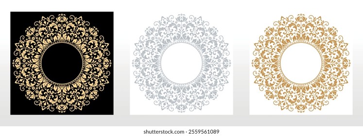 Set of decorative frames Elegant vector element for design in Eastern style, place for text. Floral black, golden and gray borders. Lace illustration for invitations and greeting cards