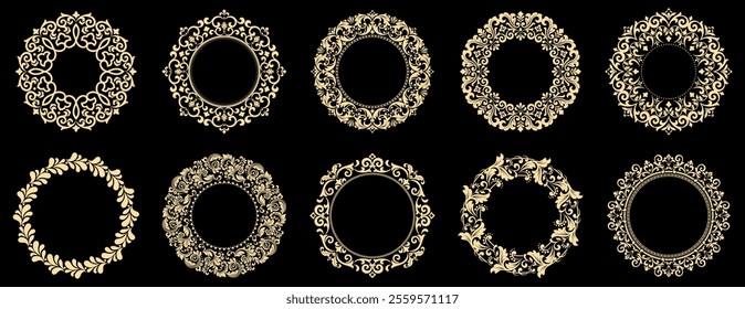 Set of decorative frames Elegant vector element for design in Eastern style, place for text. Floral black and golden borders. Lace illustration for invitations and greeting cards