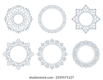 Set of decorative frames Elegant vector element for design in Eastern style, place for text. Floral gray and white borders. Lace illustration for invitations and greeting cards