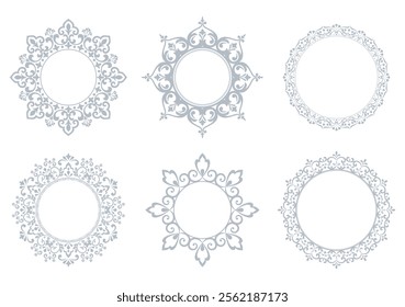 Set of decorative frames Elegant vector element for design in Eastern style, place for text. Floral gray and white borders. Lace illustration for invitations and greeting cards