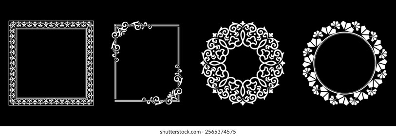 Set of decorative frames Elegant vector element for design in Eastern style, place for text. Floral black and white borders. Lace illustration for invitations and greeting cards.