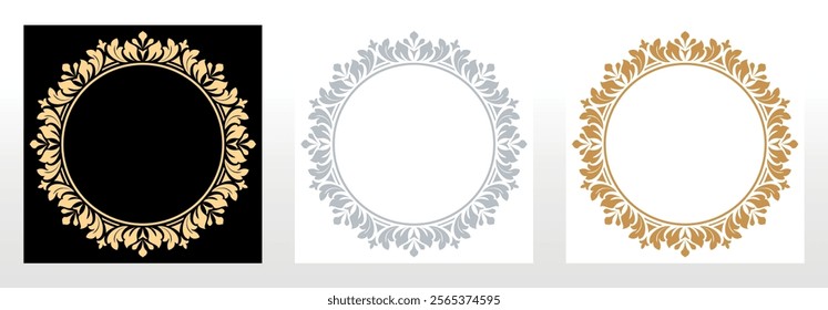 Set of decorative frames Elegant vector element for design in Eastern style, place for text. Floral black, golden and gray borders. Lace illustration for invitations and greeting cards