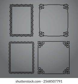 Set of decorative frames Elegant vector element for design in Eastern style, place for text. Floral black and gray borders. Lace illustration for invitations and greeting cards