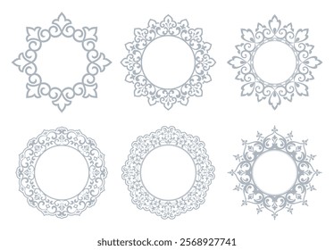 Set of decorative frames Elegant vector element for design in Eastern style, place for text. Floral gray and white borders. Lace illustration for invitations and greeting cards