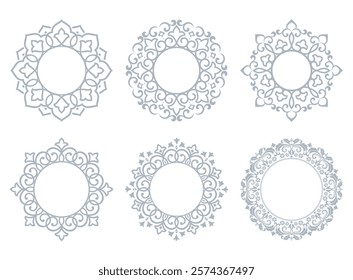 Set of decorative frames Elegant vector element for design in Eastern style, place for text. Floral gray and white borders. Lace illustration for invitations and greeting cards