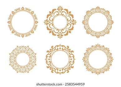 Set of decorative frames Elegant vector element for design in Eastern style, place for text. Floral golden and white borders. Lace illustration for invitations and greeting cards